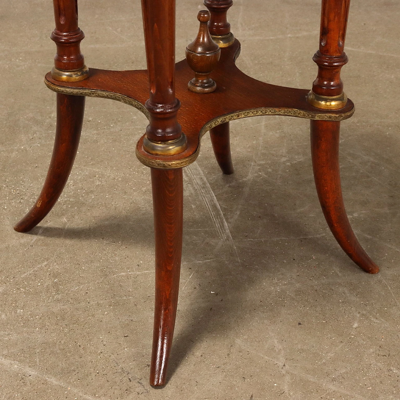 Wooden gueridon with saber feet, marble top & gilded sheet metal 7