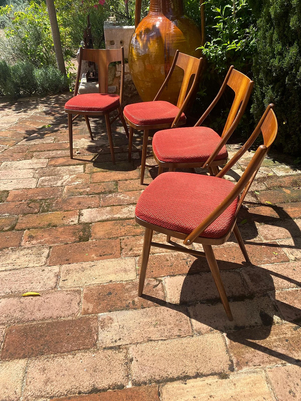 4 Chairs in wood & padded seat in red fabric by Mier, 1960s 1