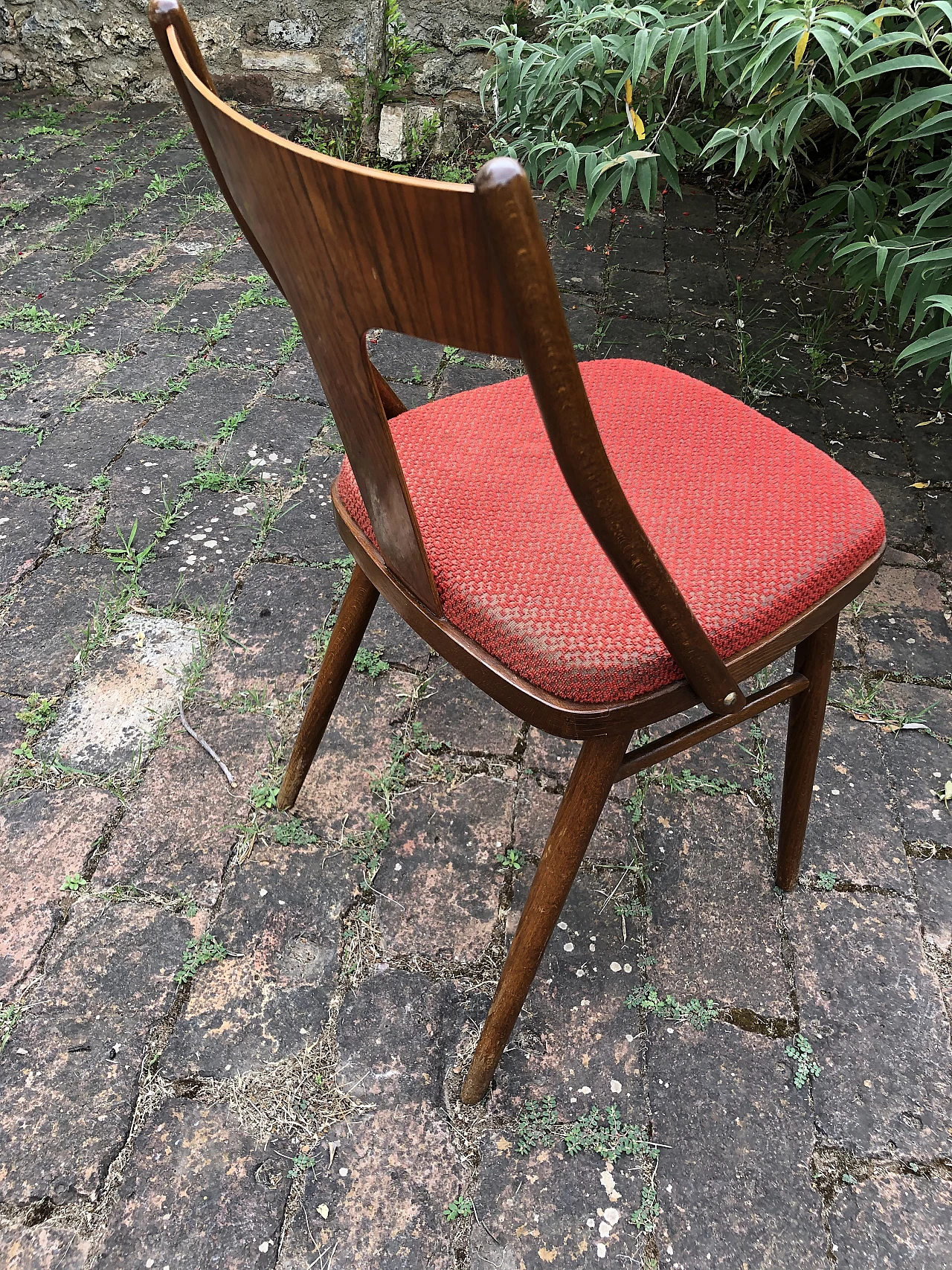 4 Chairs in wood & padded seat in red fabric by Mier, 1960s 4