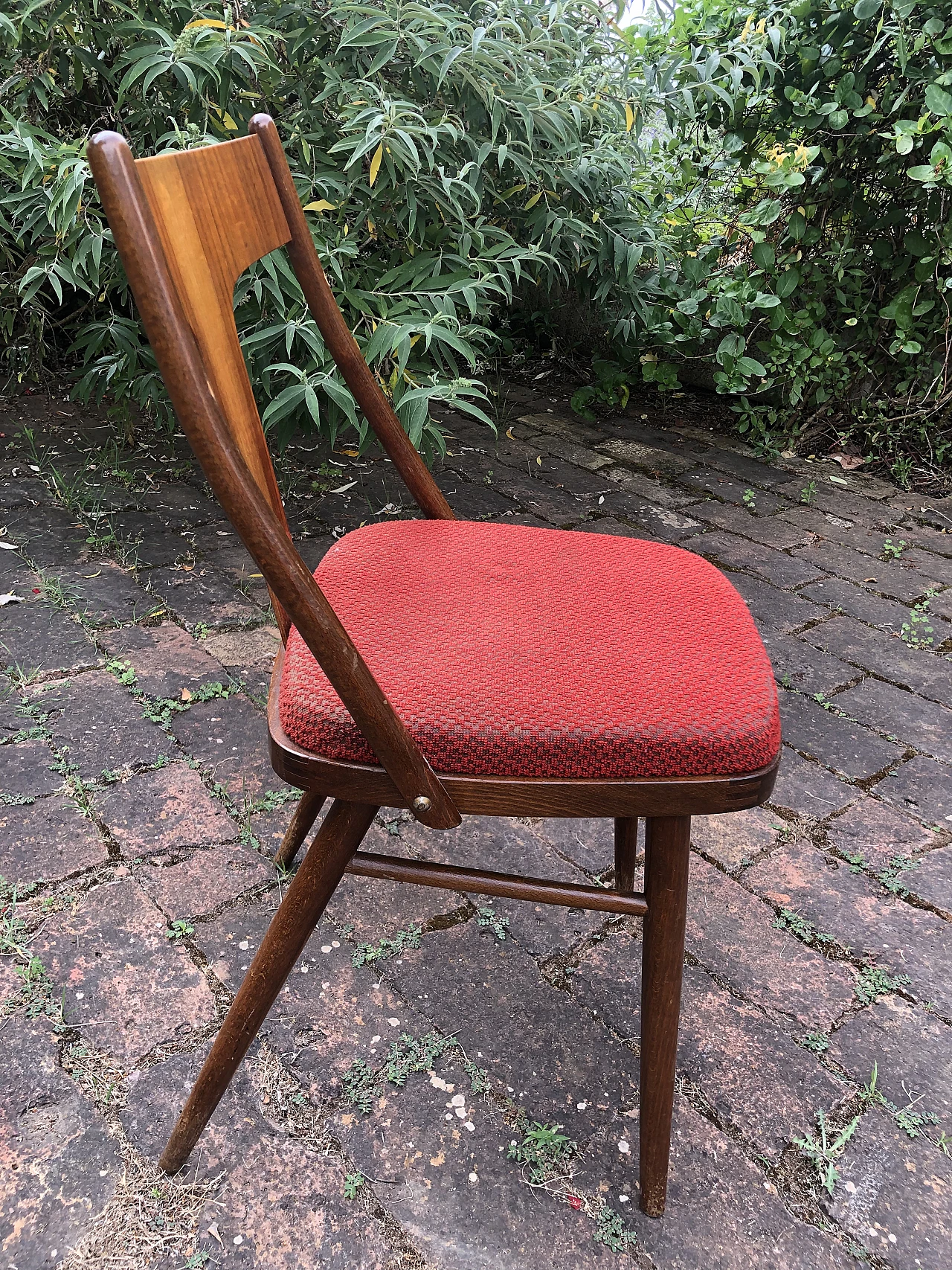 4 Chairs in wood & padded seat in red fabric by Mier, 1960s 6