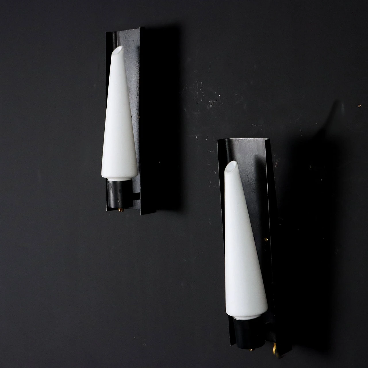 Coppia di lampade in metallo smaltato con diffusore in vetro opalino, anni '60 2