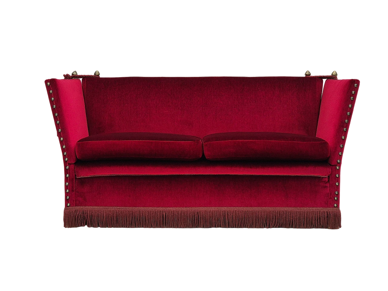 Danish red velvet sofa with reclining armrests, 1960s 19