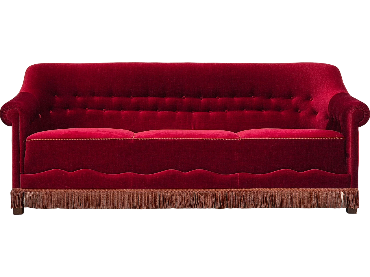 Danish three-seater cherry red velvet sofa, 1960s 15