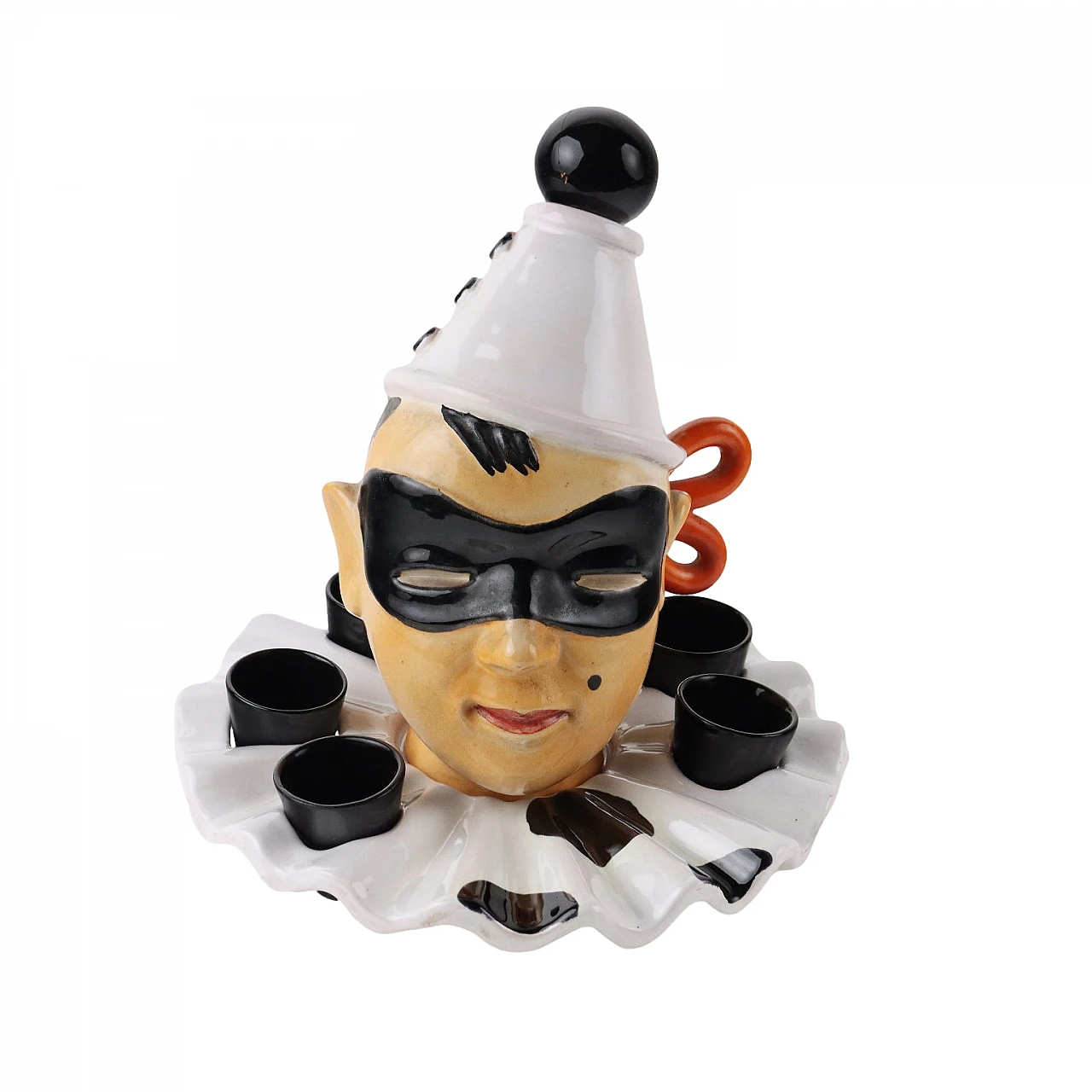 Servizio da liquore in ceramica con testa di Pierrot di Pucci Umbertide 1