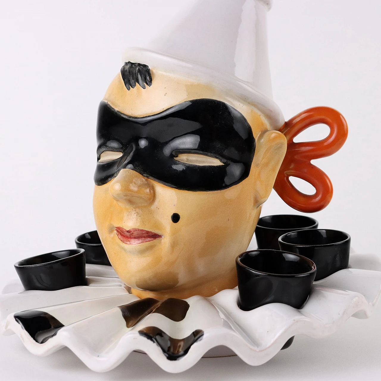 Servizio da liquore in ceramica con testa di Pierrot di Pucci Umbertide 3