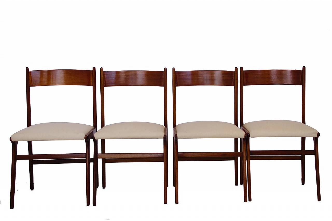 4 Danish style chairs in wood & beige fabric seat, 1950s 1
