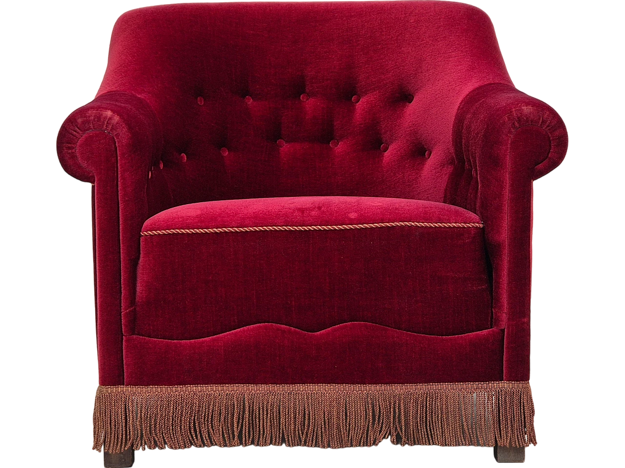 Danish cherry red velvet and beech armchair, 1960s 17
