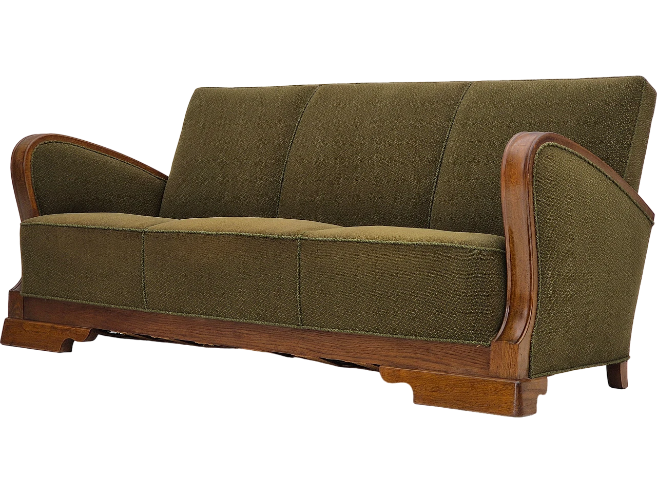Divano danese a tre posti in rovere e tessuto verde, anni '50 21