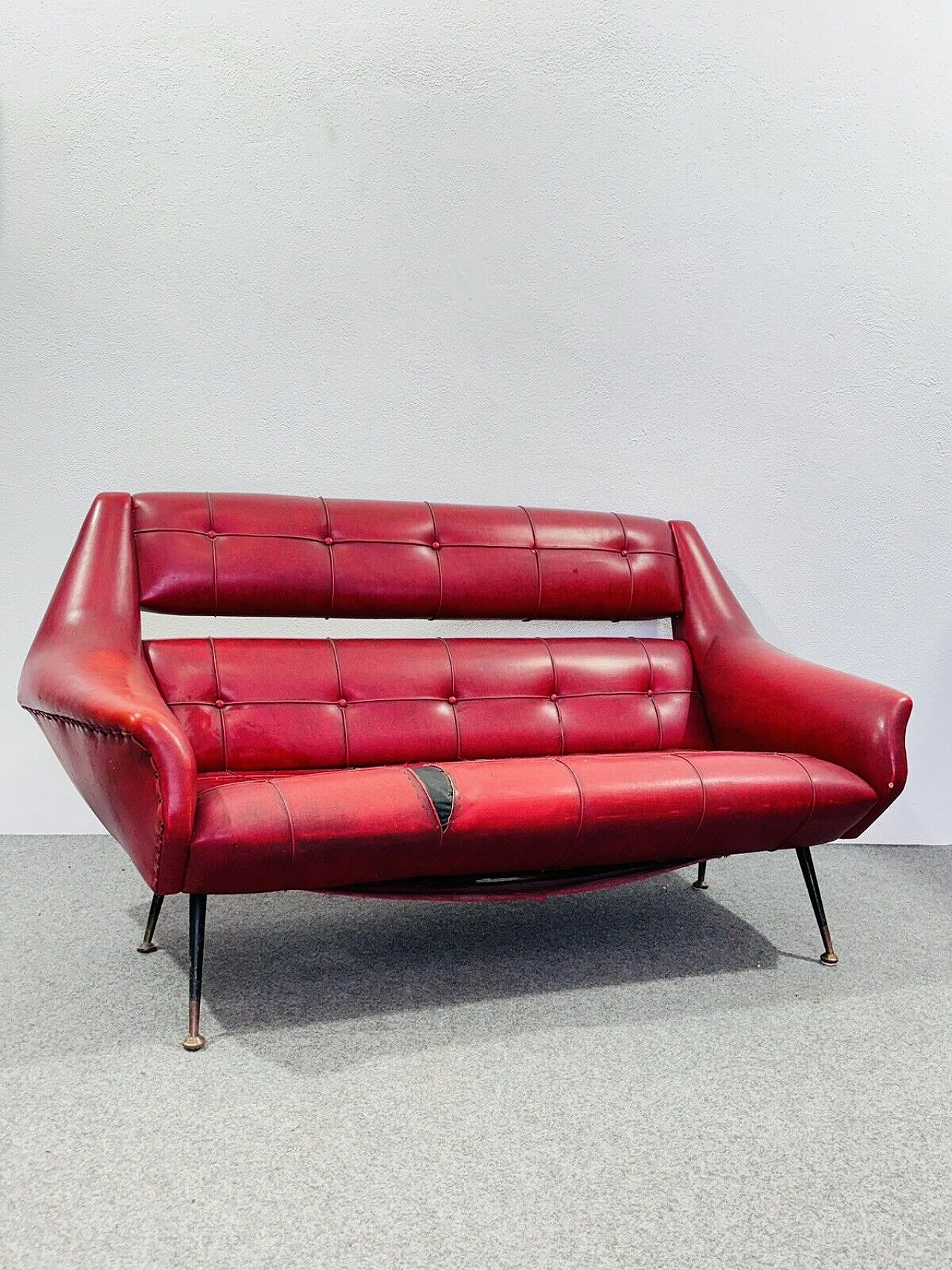 Red leather two-seater sofa by Gigi Radice, 1950s 1