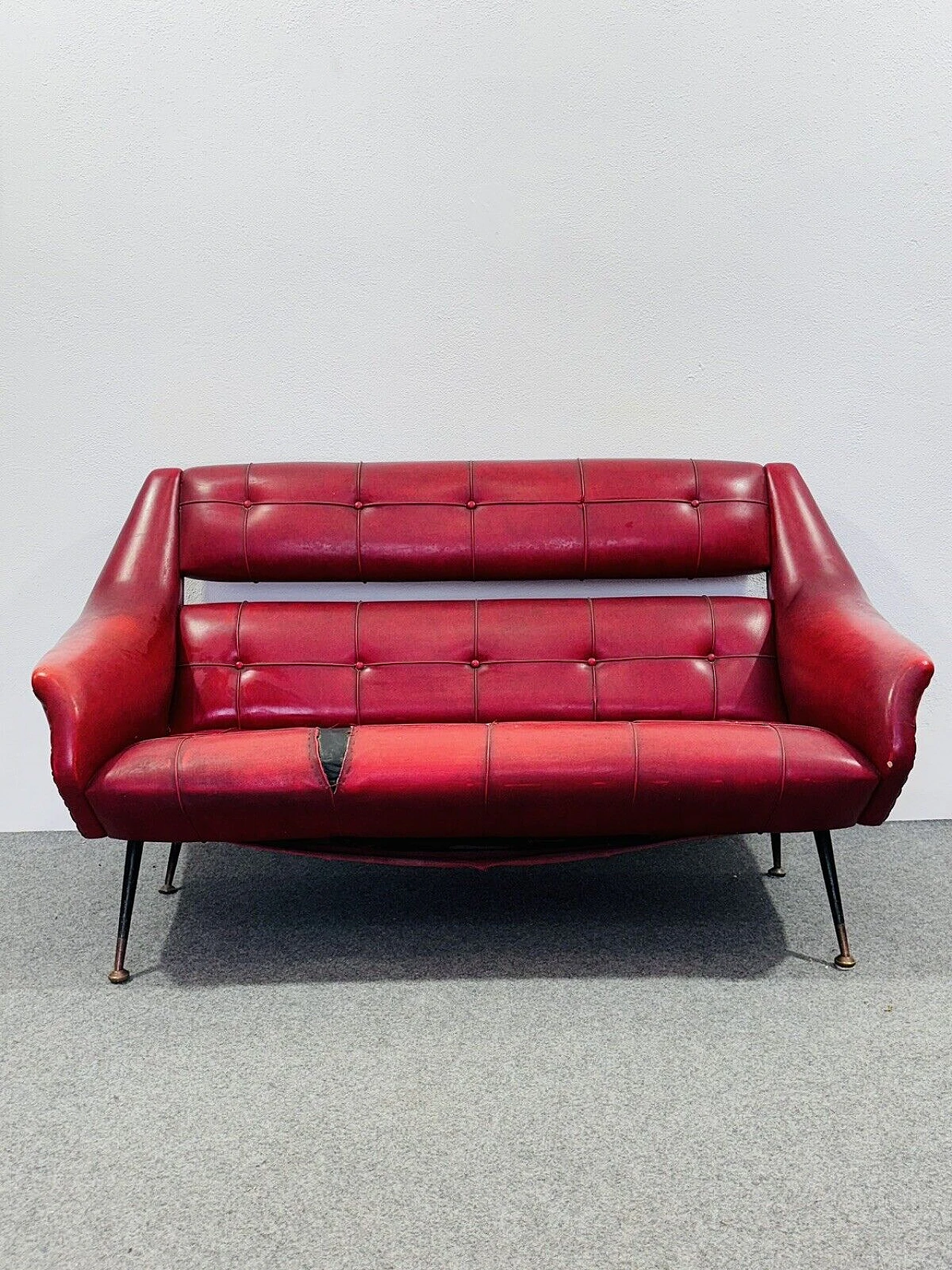 Red leather two-seater sofa by Gigi Radice, 1950s 3