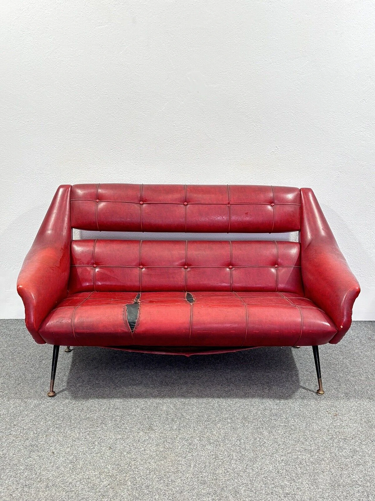 Red leather two-seater sofa by Gigi Radice, 1950s 4