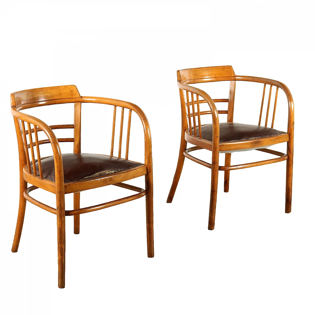 Pair of beech and skai armchairs, 1950s 1