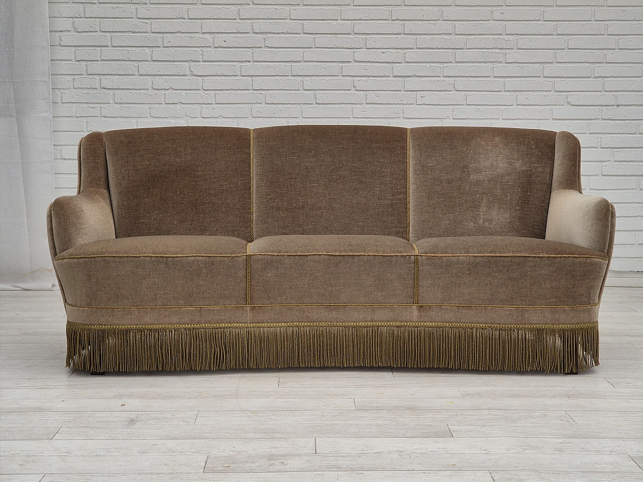Danish three-seater light green velvet and beech sofa, 1970s 1