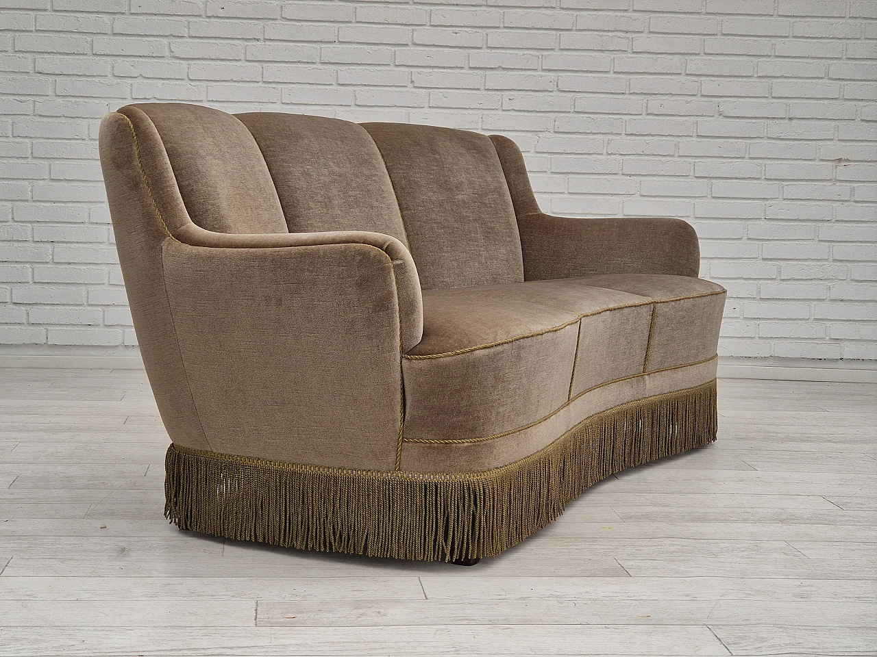 Danish three-seater light green velvet and beech sofa, 1970s 3