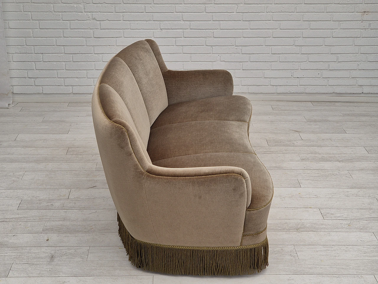Danish three-seater light green velvet and beech sofa, 1970s 4