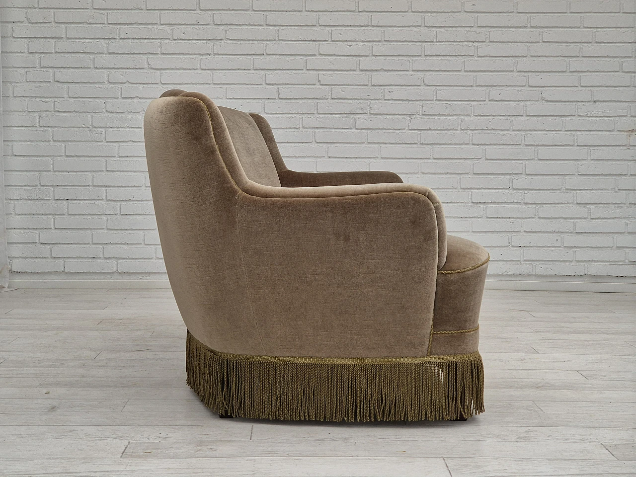 Danish three-seater light green velvet and beech sofa, 1970s 5