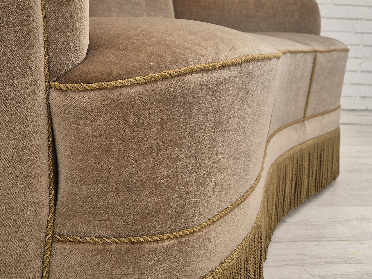 Danish three-seater light green velvet and beech sofa, 1970s 10