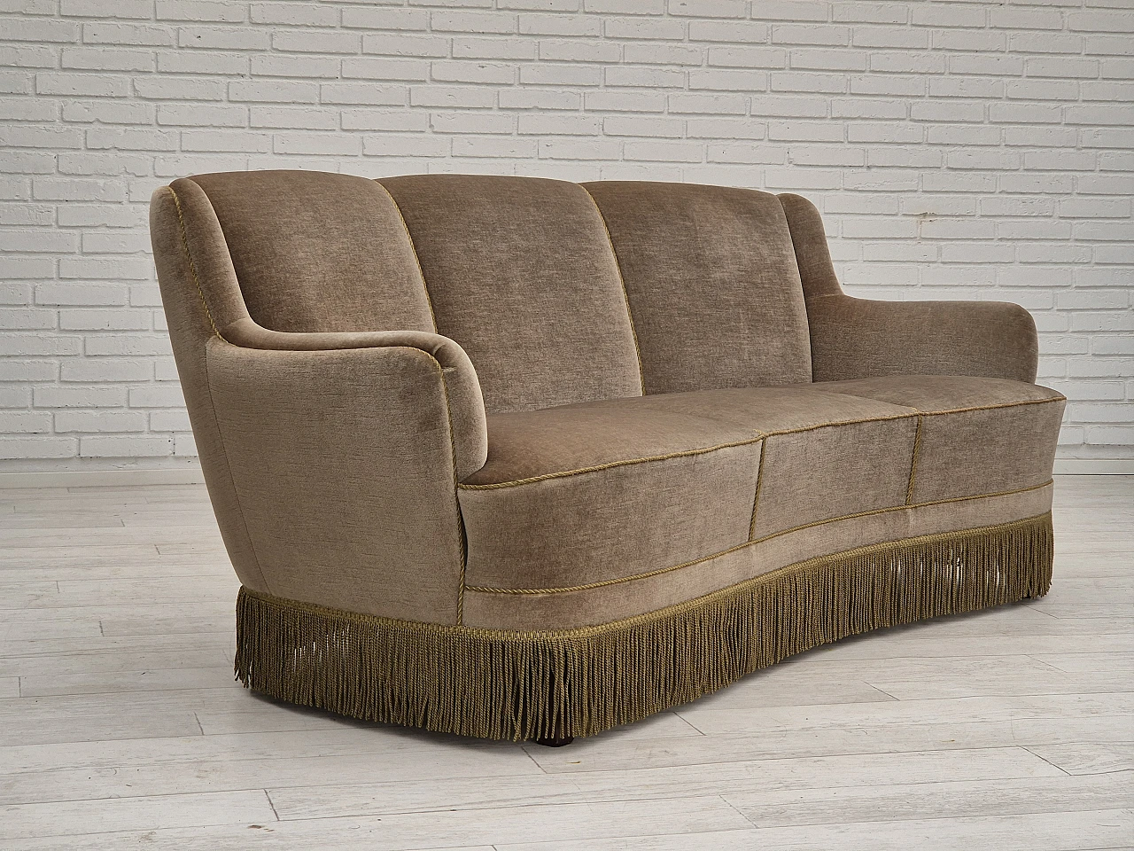 Danish three-seater light green velvet and beech sofa, 1970s 15