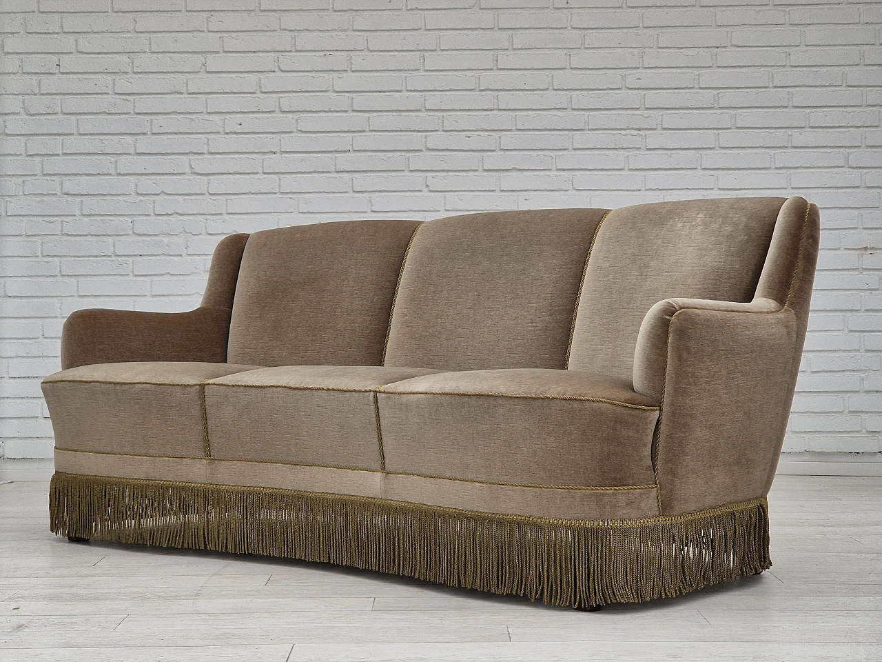 Danish three-seater light green velvet and beech sofa, 1970s 16