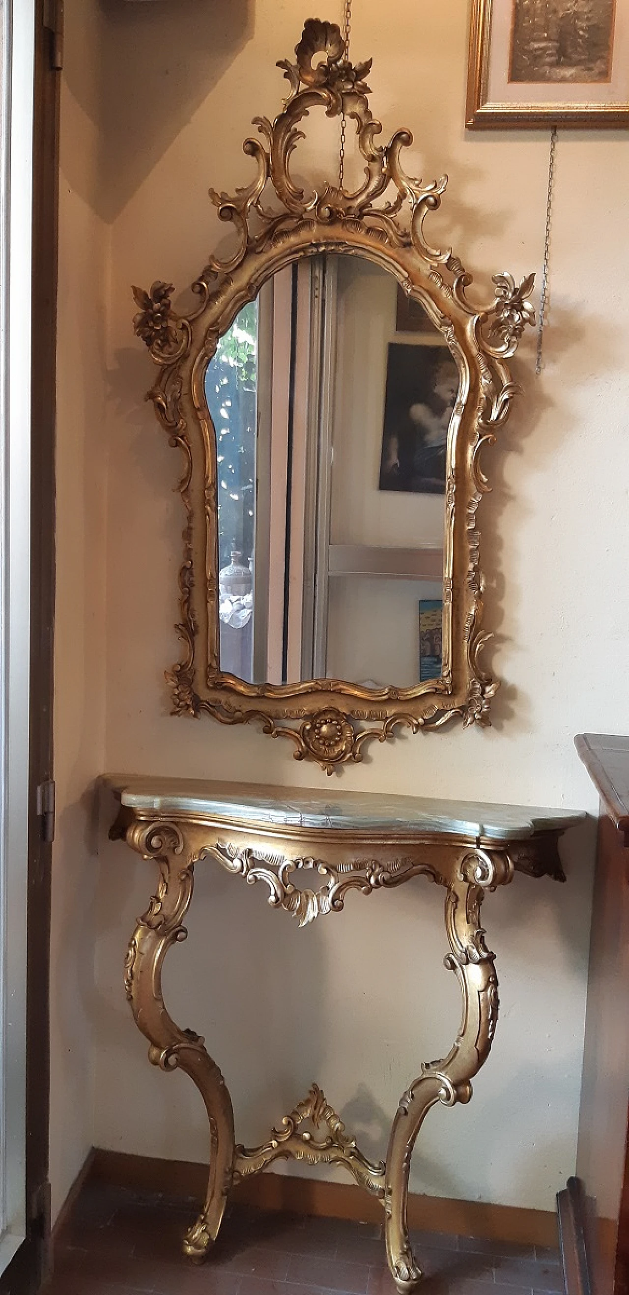 Carved and gilded wooden console table with mirror, early 20th century 1