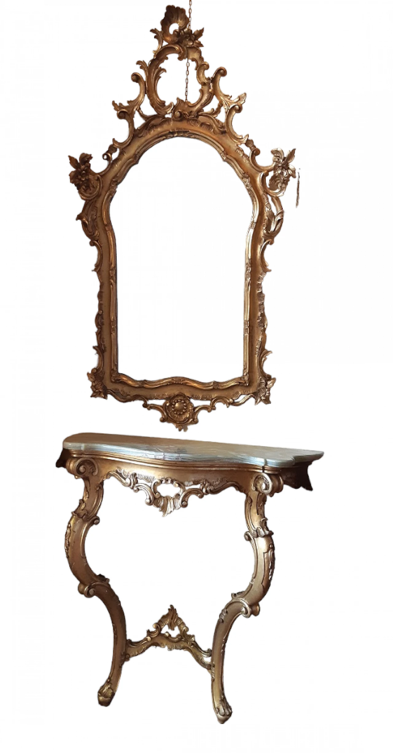Carved and gilded wooden console table with mirror, early 20th century 15