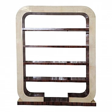 Libreria bifacciale in legno e pergamena naturale, anni '80