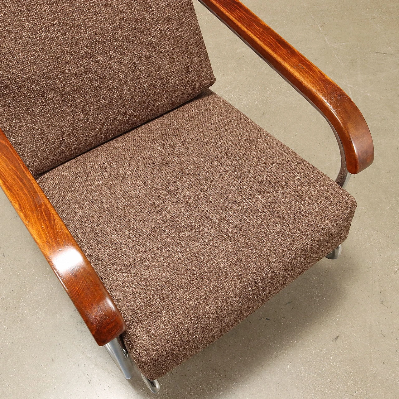 Poltrona in metallo cromato con braccioli in legno, anni '30 9