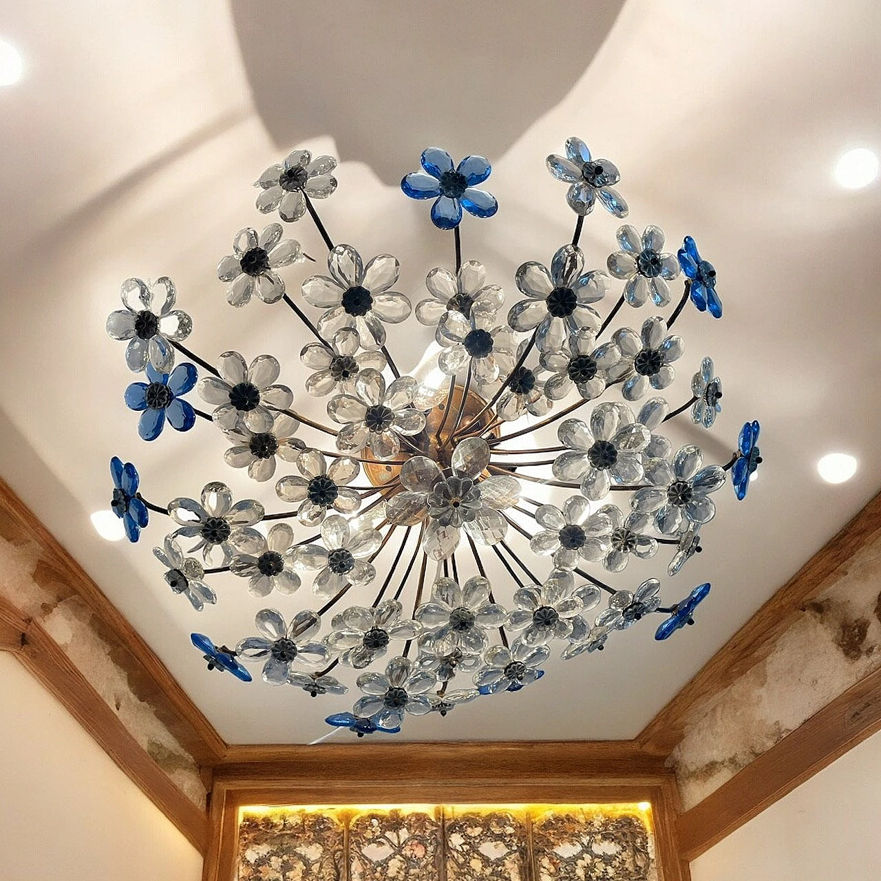Plafoniera con fiori in vetro di Murano trasparente e blu, anni '60 2
