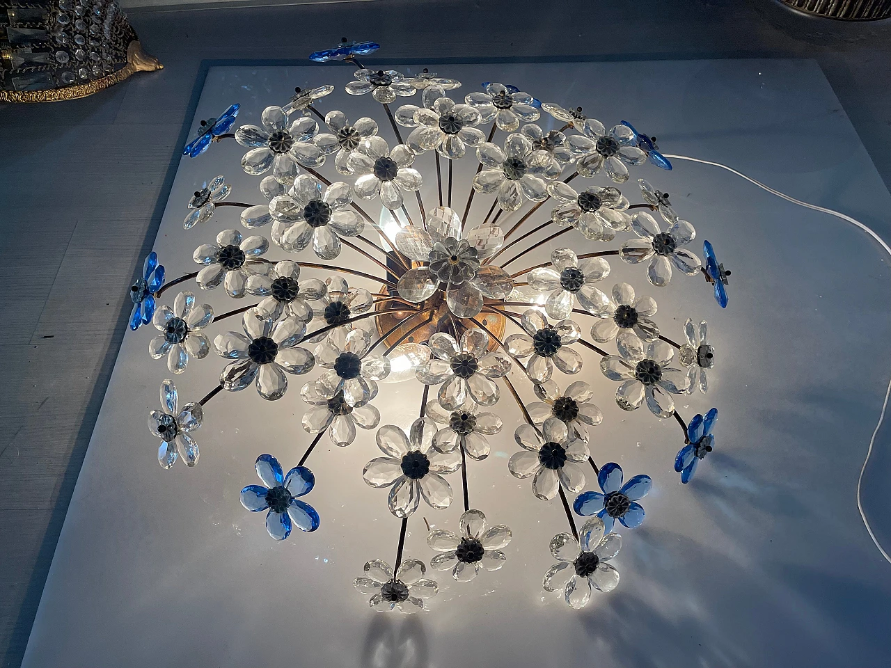 Plafoniera con fiori in vetro di Murano trasparente e blu, anni '60 5