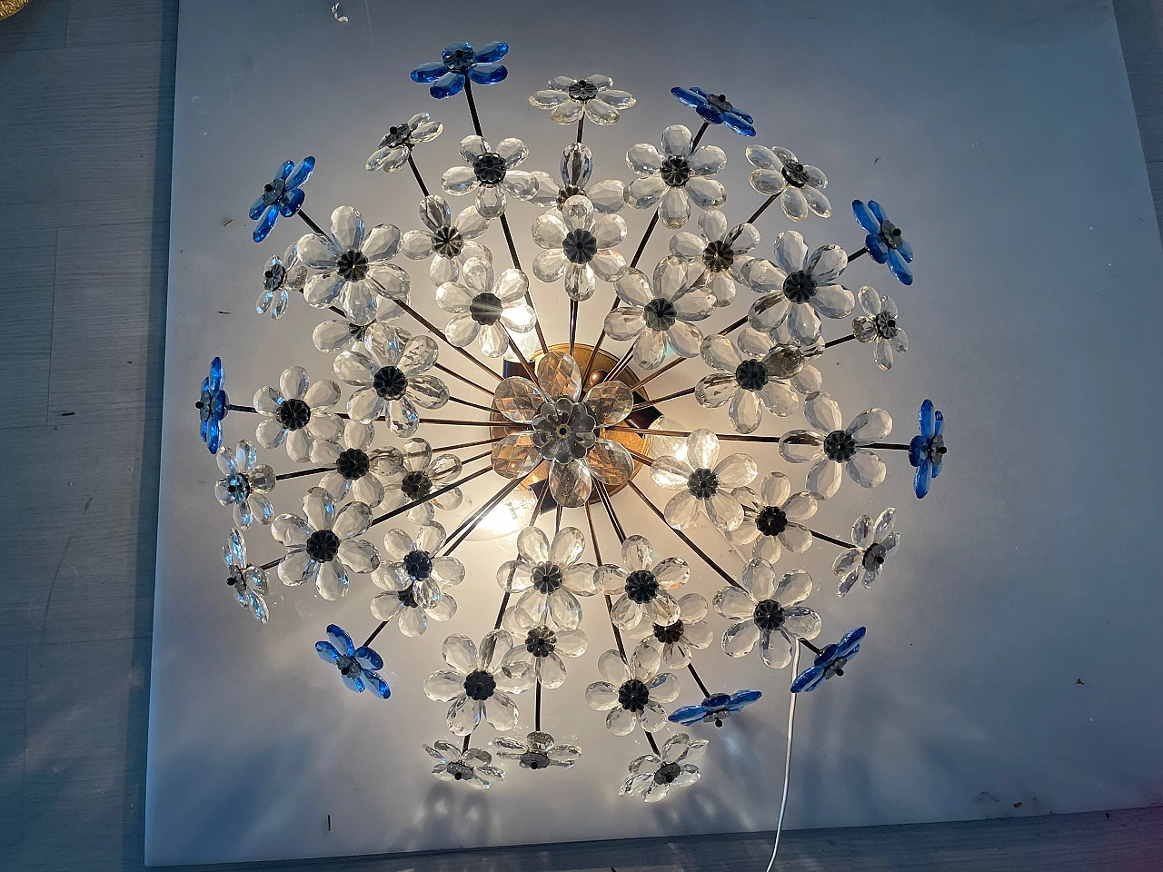 Plafoniera con fiori in vetro di Murano trasparente e blu, anni '60 9