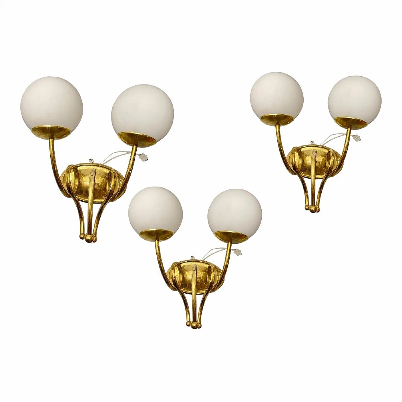 3 Applique a due luci in ottone e vetro bianco, anni '60 1