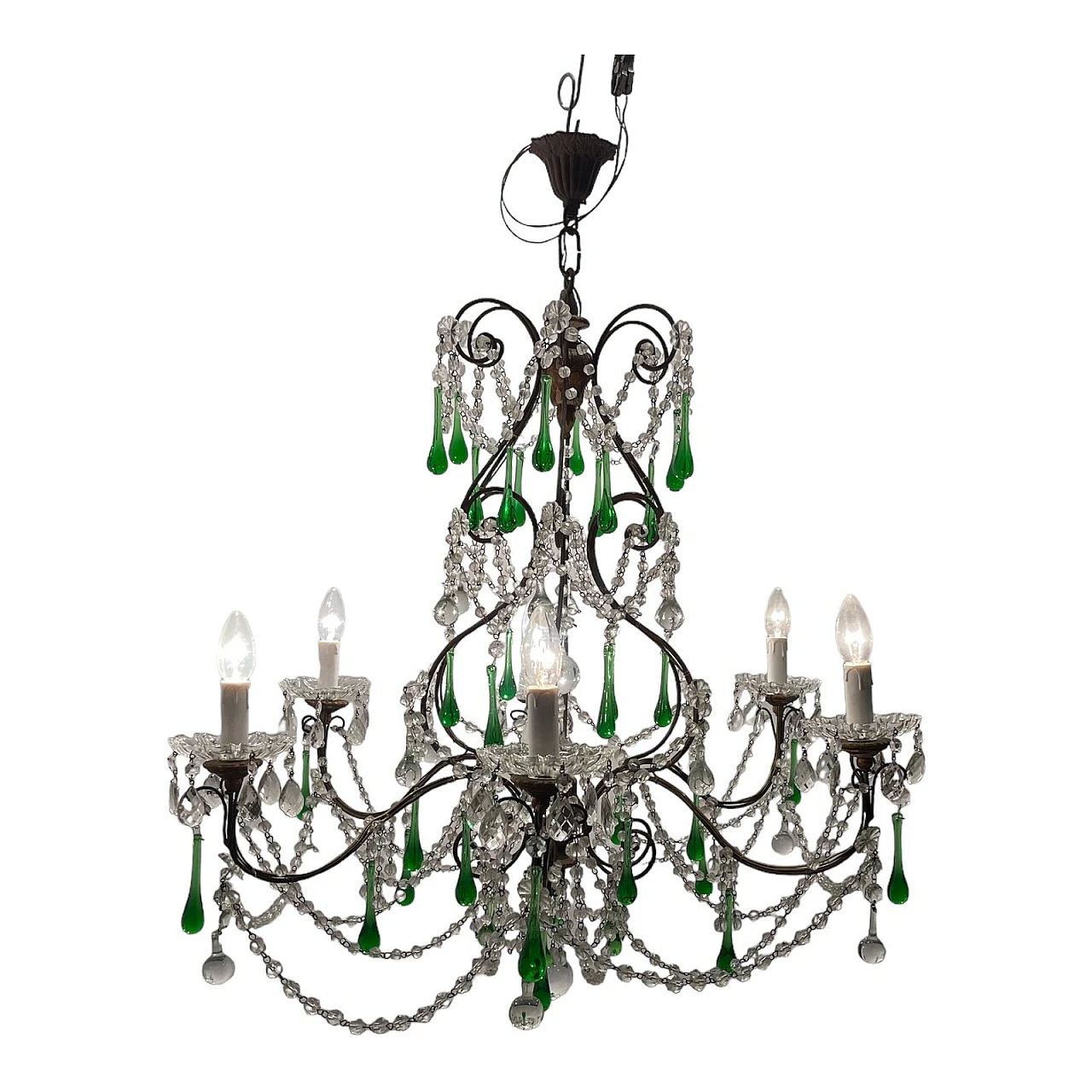 Lampadario con gocce in vetro verde di Murano, anni '40 1