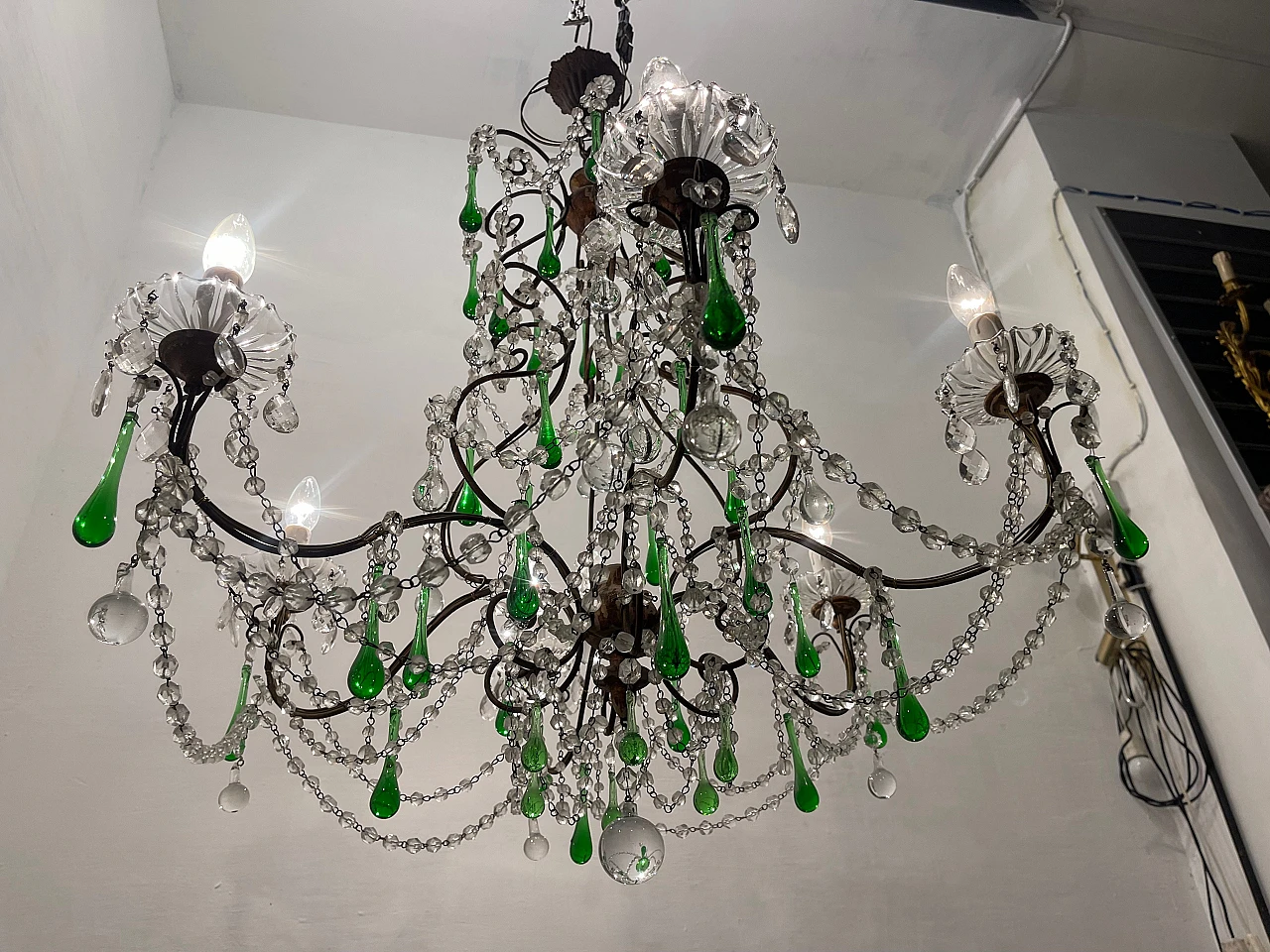 Lampadario con gocce in vetro verde di Murano, anni '40 2