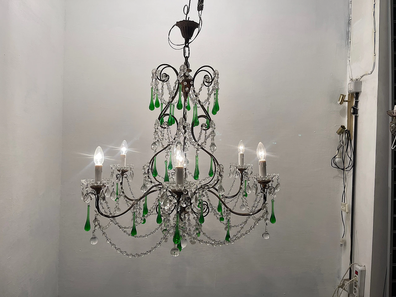 Lampadario con gocce in vetro verde di Murano, anni '40 3