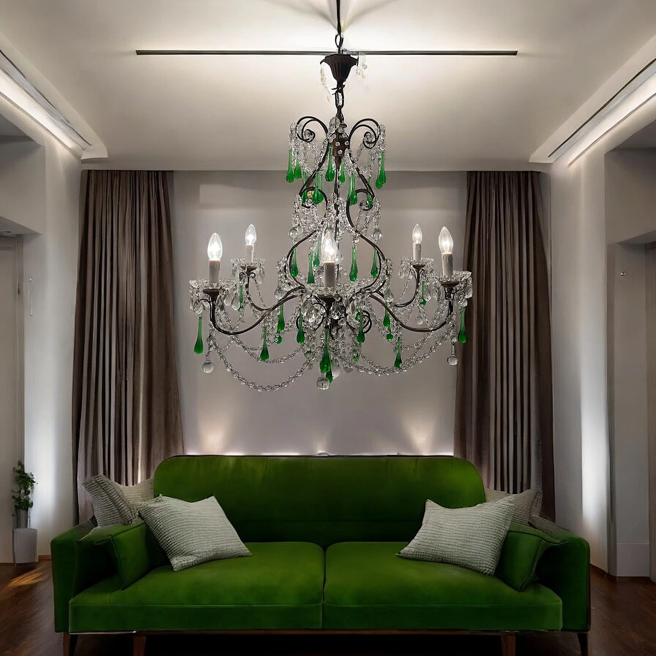 Lampadario con gocce in vetro verde di Murano, anni '40 4