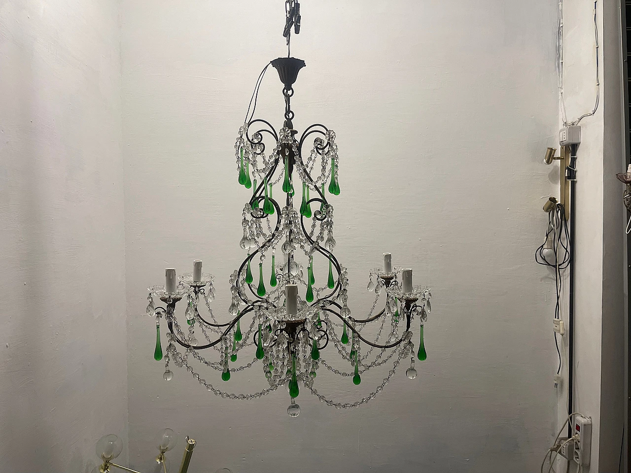 Lampadario con gocce in vetro verde di Murano, anni '40 5