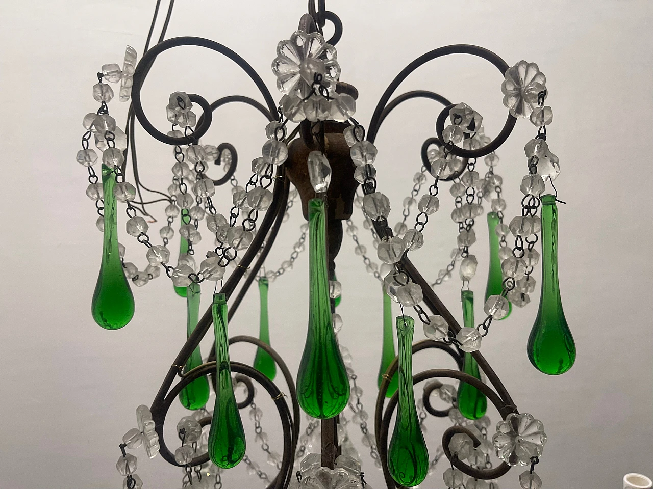 Lampadario con gocce in vetro verde di Murano, anni '40 6
