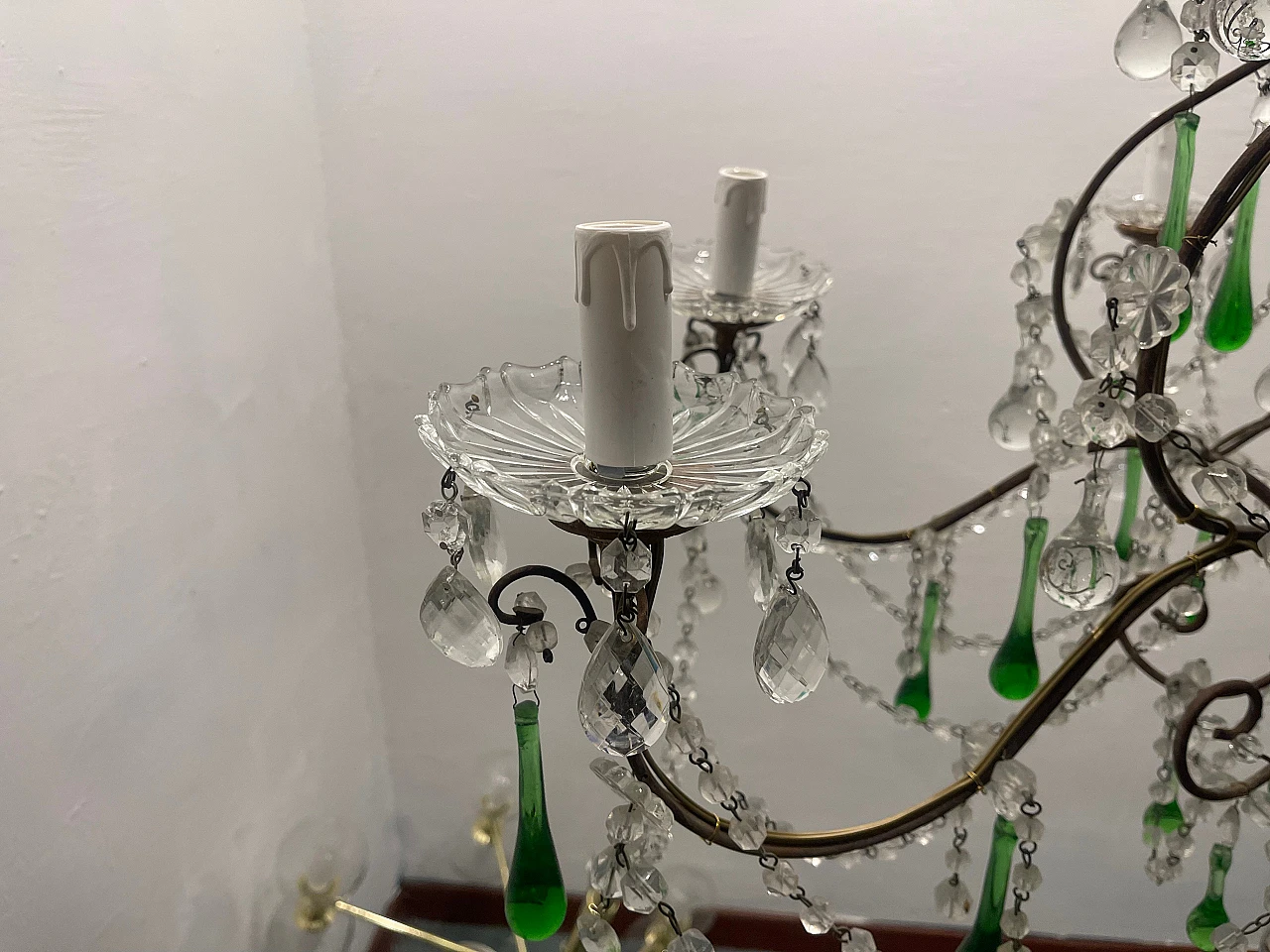 Lampadario con gocce in vetro verde di Murano, anni '40 7