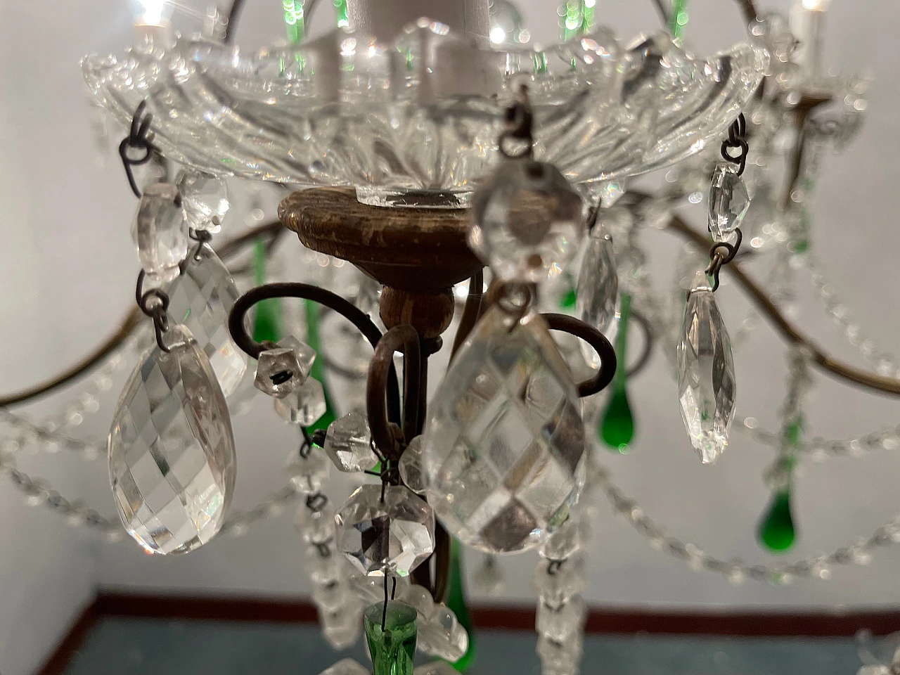 Lampadario con gocce in vetro verde di Murano, anni '40 8