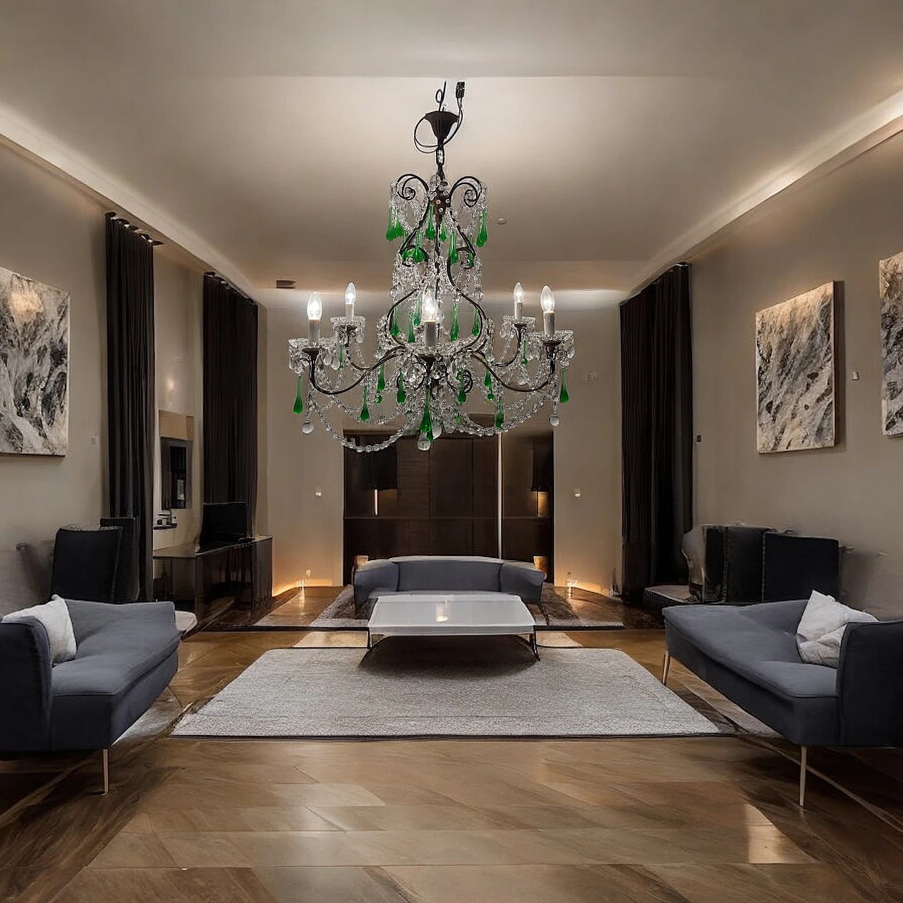 Lampadario con gocce in vetro verde di Murano, anni '40 9