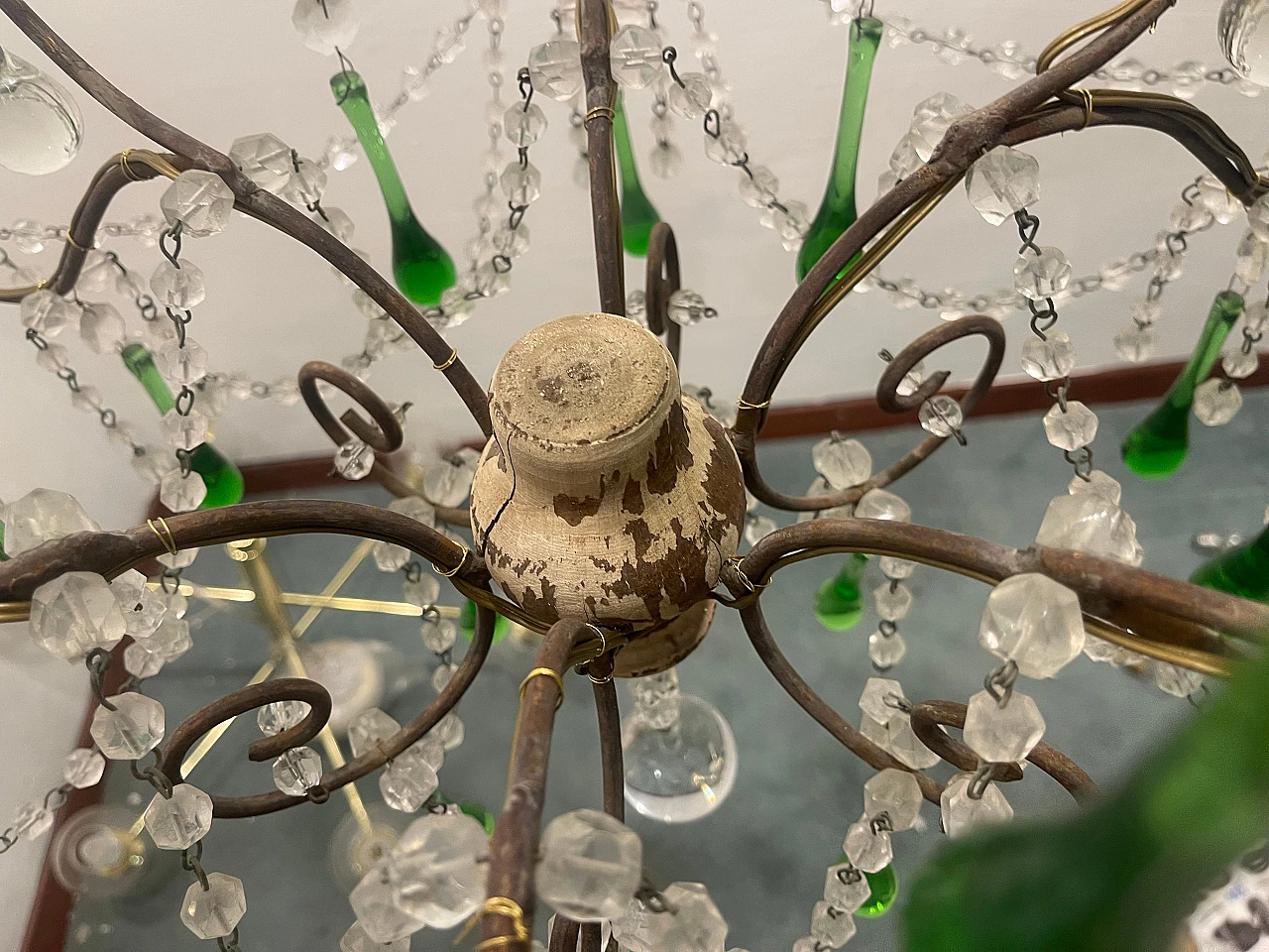 Lampadario con gocce in vetro verde di Murano, anni '40 10