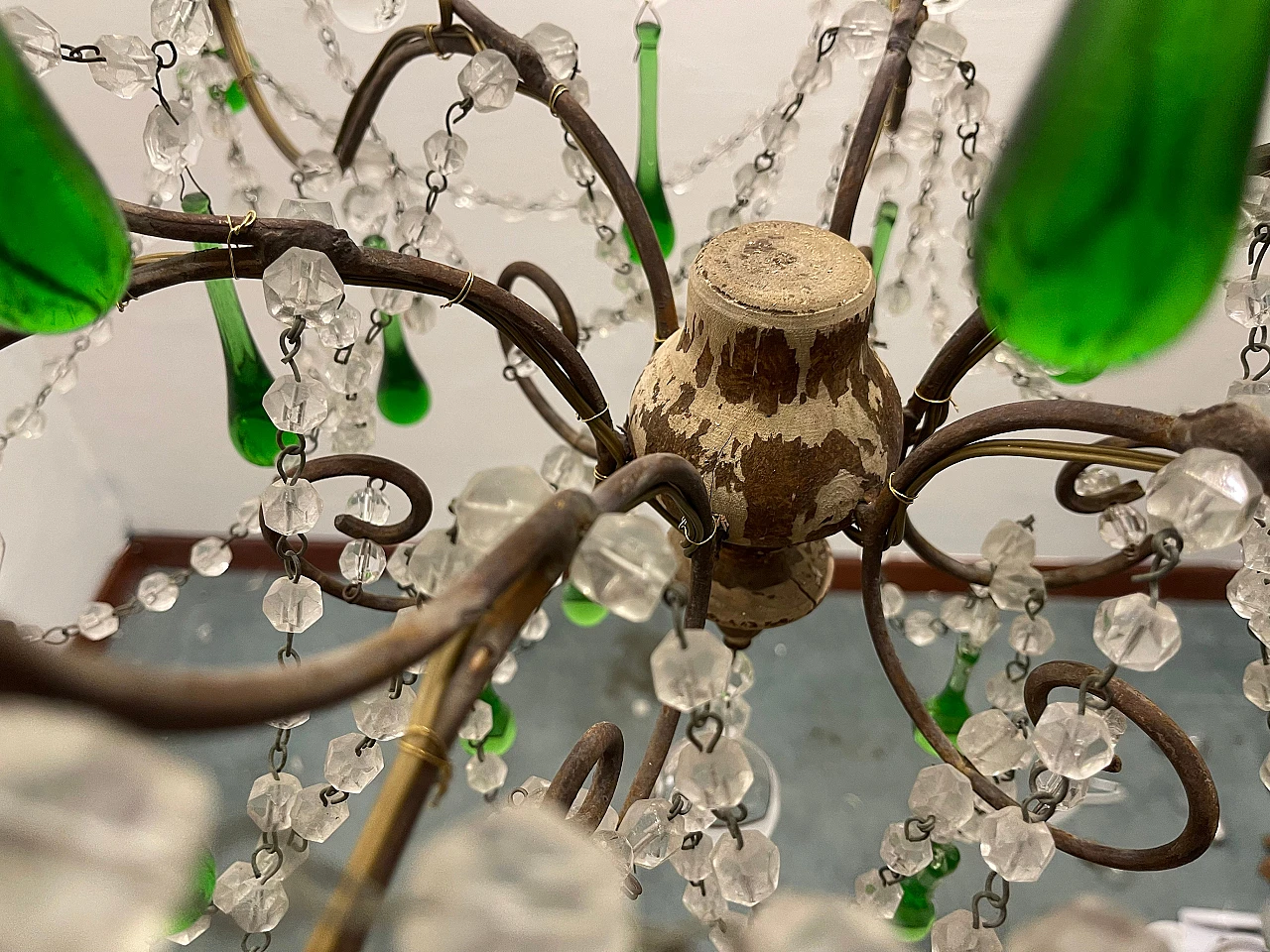 Lampadario con gocce in vetro verde di Murano, anni '40 11