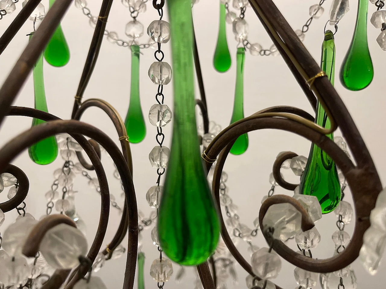 Lampadario con gocce in vetro verde di Murano, anni '40 14