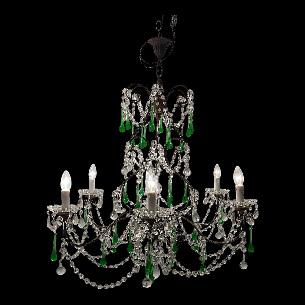 Lampadario con gocce in vetro verde di Murano, anni '40 17