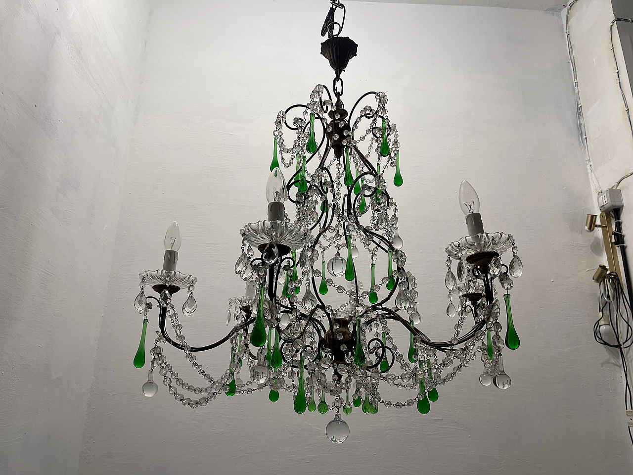 Lampadario con gocce in vetro verde di Murano, anni '40 18