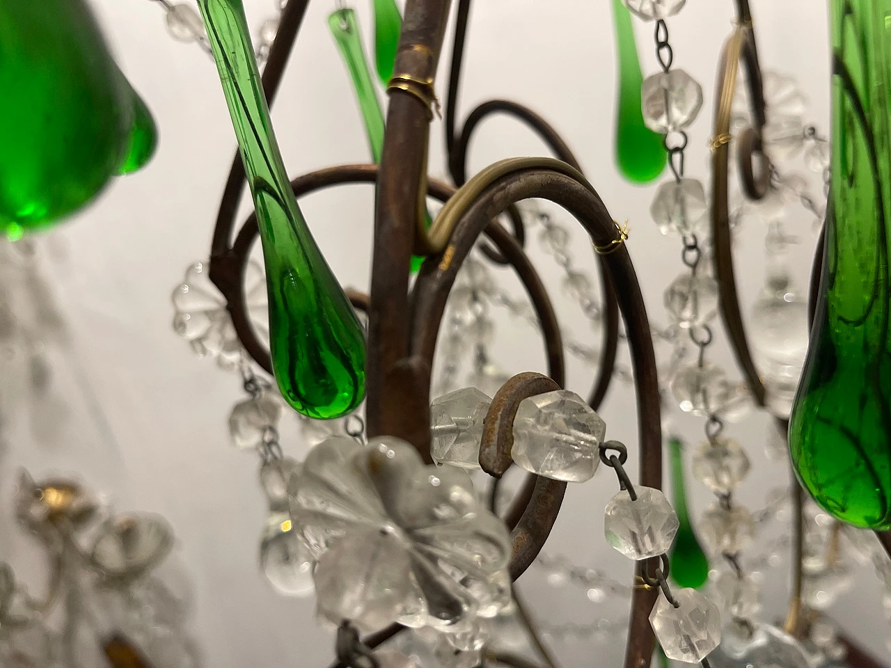 Lampadario con gocce in vetro verde di Murano, anni '40 19