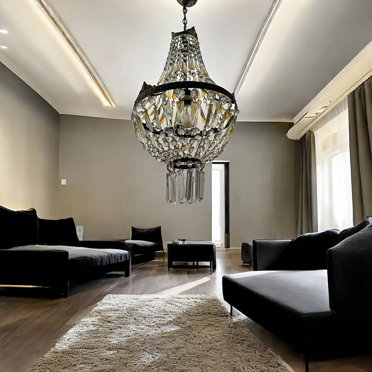 Bronze and crystal basket chandelier, 1960s 2