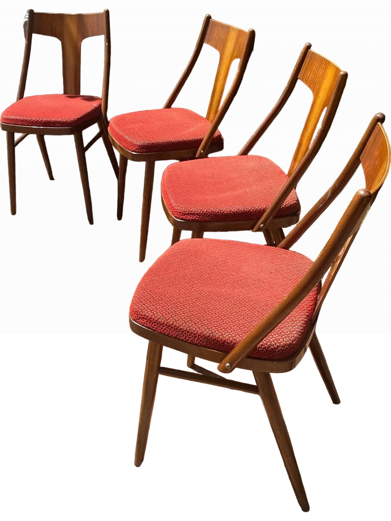 4 Chairs in wood & padded seat in red fabric by Mier, 1960s 13