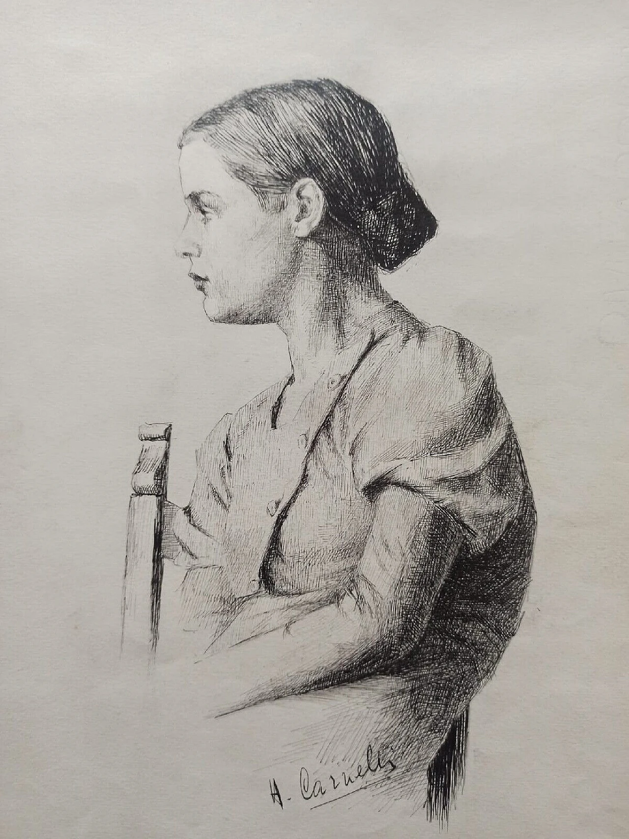 A. Carnelli, Ritratto di giovane donna, disegno a china, anni '30 2