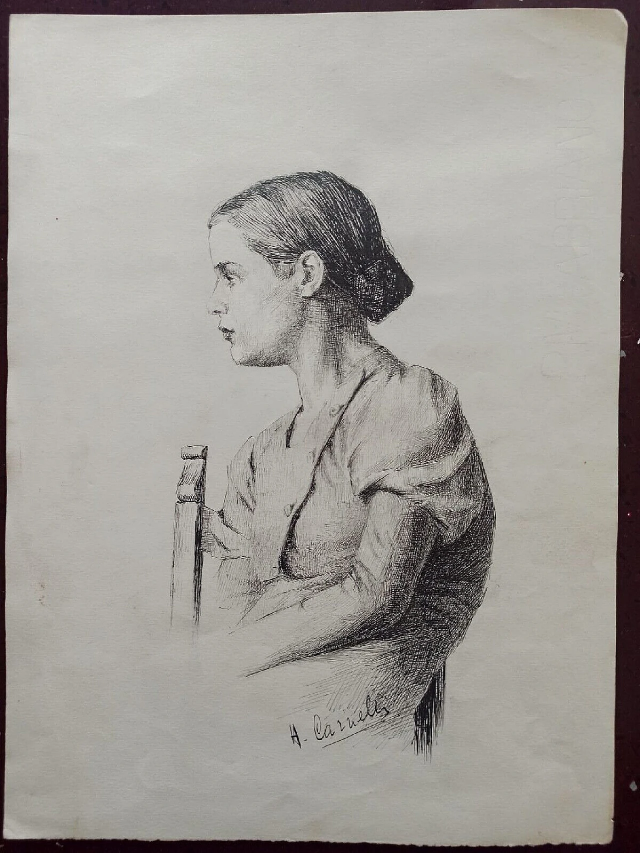 A. Carnelli, Ritratto di giovane donna, disegno a china, anni '30 6